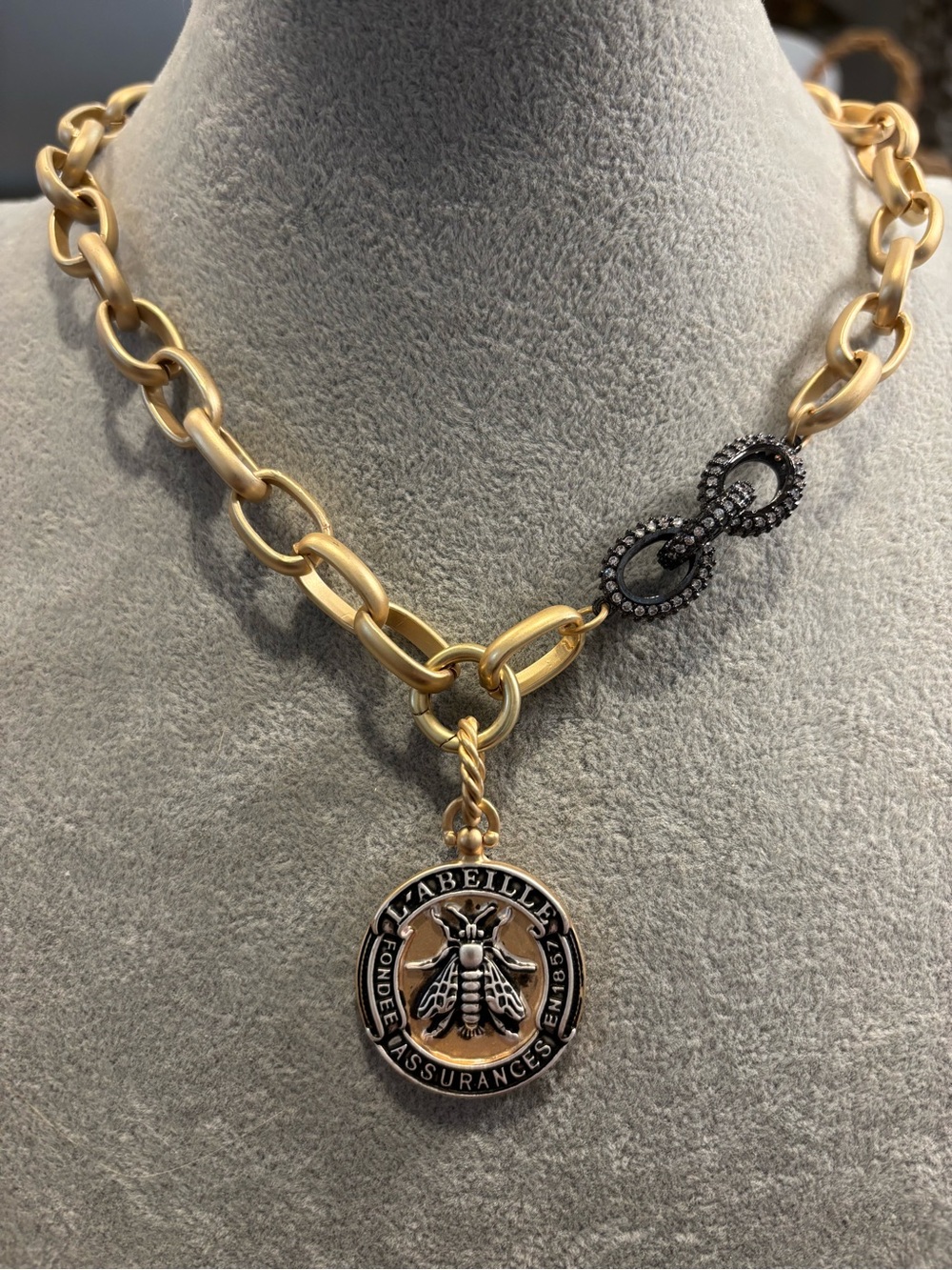 Gold Tone Bee Medallion Chain Necklace with crystal chain accents!